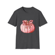 Load image into Gallery viewer, Cute Pumpkin Bow Unisex T-Shirt, Fall Fashion Tee, Halloween Gift, Thanksgiving Apparel, Cozy Autumn Vibes
