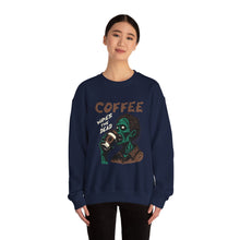 Load image into Gallery viewer, Zombies &amp; Coffee Crewneck Sweatshirt, Unique Gift for Coffee Lovers, Fun Graphic Sweatshirt, Halloween Apparel, Cozy Unisex Top
