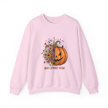 Load image into Gallery viewer, Pumpkin Flower Crewneck Sweatshirt | Cozy Spooky Vibes | Fall Fashion, Halloween Sweatshirt, Unisex Apparel, Autumn Gift, Festival Wear
