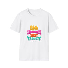Load image into Gallery viewer, Motivational Unisex Softstyle T-Shirt - "No Excuses Just Results", Gym Shirt, Fitness Apparel, Casual Wear, Gift for Athletes

