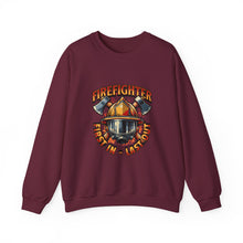 Load image into Gallery viewer, Firefighter Crewneck Sweatshirt - First In Last Out, Unisex Sweatshirt, Firefighter Gift, Casual Warmth, Everyday Apparel
