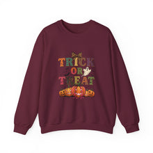 Load image into Gallery viewer, Halloween Trick or Treat Sweatshirt, Cozy Fall Crewneck, Unisex Casual Wear, Perfect for Halloween Parties, Pumpkin Lovers Gift
