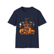 Load image into Gallery viewer, Halloween Witch Dog Unisex Softstyle T-Shirt, Cute Pet Tee, Halloween Costume, Fall Fashion, Spooky Season Top, Gift for Pet Lovers

