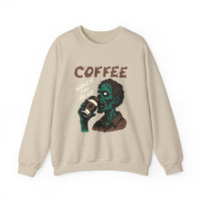 Load image into Gallery viewer, Zombies &amp; Coffee Crewneck Sweatshirt, Unique Gift for Coffee Lovers, Fun Graphic Sweatshirt, Halloween Apparel, Cozy Unisex Top

