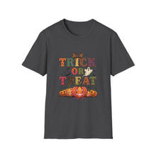 Load image into Gallery viewer, Halloween Trick or Treat Unisex Softstyle T-Shirt | Fun Halloween Tee, Spooky Shirt, Fall Apparel, Trick or Treat Shirt, Costume Party Top
