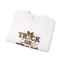 Load image into Gallery viewer, Halloween Trick or Treat Sweatshirt, Cozy Fall Crewneck, Unisex Casual Wear, Perfect for Halloween Parties, Pumpkin Lovers Gift
