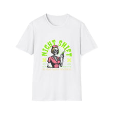 Load image into Gallery viewer, Halloween Night Shift Skeleton T-Shirt, Unisex Graphic Tee, Spooky Shirt for Halloween, Gifts for Nurses, Night Owls
