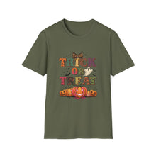 Load image into Gallery viewer, Halloween Trick or Treat Unisex Softstyle T-Shirt | Fun Halloween Tee, Spooky Shirt, Fall Apparel, Trick or Treat Shirt, Costume Party Top
