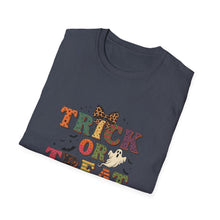 Load image into Gallery viewer, Halloween Trick or Treat Unisex Softstyle T-Shirt | Fun Halloween Tee, Spooky Shirt, Fall Apparel, Trick or Treat Shirt, Costume Party Top
