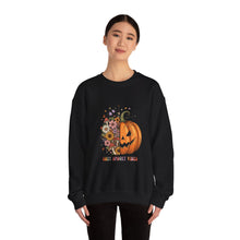 Load image into Gallery viewer, Pumpkin Flower Crewneck Sweatshirt | Cozy Spooky Vibes | Fall Fashion, Halloween Sweatshirt, Unisex Apparel, Autumn Gift, Festival Wear

