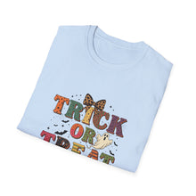 Load image into Gallery viewer, Halloween Trick or Treat Unisex Softstyle T-Shirt | Fun Halloween Tee, Spooky Shirt, Fall Apparel, Trick or Treat Shirt, Costume Party Top
