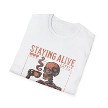Load image into Gallery viewer, Stay Alive Coffee Skeleton T-Shirt | Unisex Casual Tee | Perfect Gift for Coffee Lovers, Halloween, &amp; Quirky Fashion
