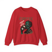 Load image into Gallery viewer, Zombies &amp; Coffee Crewneck Sweatshirt, Unique Gift for Coffee Lovers, Fun Graphic Sweatshirt, Halloween Apparel, Cozy Unisex Top

