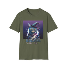 Load image into Gallery viewer, Magical Cat T-Shirt, Unisex Softstyle Tee, Halloween Costume Shirt, Wizard Cat Apparel, Gift for Cat Lovers, Witch Kitty Tee
