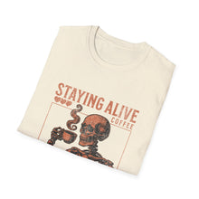 Load image into Gallery viewer, Stay Alive Coffee Skeleton T-Shirt | Unisex Casual Tee | Perfect Gift for Coffee Lovers, Halloween, &amp; Quirky Fashion
