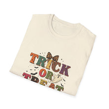 Load image into Gallery viewer, Halloween Trick or Treat Unisex Softstyle T-Shirt | Fun Halloween Tee, Spooky Shirt, Fall Apparel, Trick or Treat Shirt, Costume Party Top
