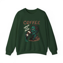 Load image into Gallery viewer, Zombies &amp; Coffee Crewneck Sweatshirt, Unique Gift for Coffee Lovers, Fun Graphic Sweatshirt, Halloween Apparel, Cozy Unisex Top
