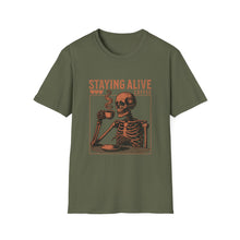 Load image into Gallery viewer, Stay Alive Coffee Skeleton T-Shirt | Unisex Casual Tee | Perfect Gift for Coffee Lovers, Halloween, &amp; Quirky Fashion
