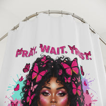 Load image into Gallery viewer, Black Girl Magic Shower Curtain - Pray Wait Trust - Boho Bathroom Decor, Inspirational Home Decor, Gift for Her, Butterfly Art
