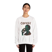 Load image into Gallery viewer, Zombies &amp; Coffee Crewneck Sweatshirt, Unique Gift for Coffee Lovers, Fun Graphic Sweatshirt, Halloween Apparel, Cozy Unisex Top
