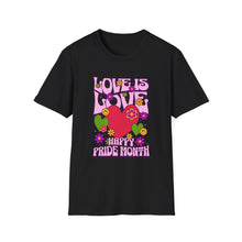 Load image into Gallery viewer, Pride Month T-Shirt, Love Is Love Graphic Tee, Unisex LGBTQ+ Apparel, Softstyle Pride Shirt, Inclusive Fashion, Celebratory Gift
