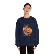 Load image into Gallery viewer, Pumpkin Flower Crewneck Sweatshirt | Cozy Spooky Vibes | Fall Fashion, Halloween Sweatshirt, Unisex Apparel, Autumn Gift, Festival Wear
