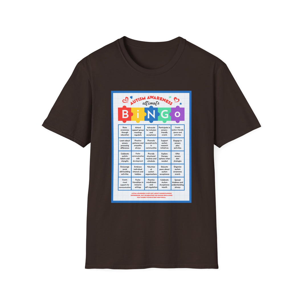 Autism Awareness Bingo T-Shirt, Unisex Softstyle Tee for Fundraising Events, Family Gatherings, Awareness Month, Gift for Supporters