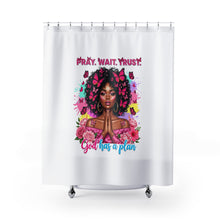 Load image into Gallery viewer, Black Girl Magic Shower Curtain - Pray Wait Trust - Boho Bathroom Decor, Inspirational Home Decor, Gift for Her, Butterfly Art
