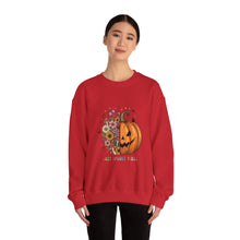 Load image into Gallery viewer, Pumpkin Flower Crewneck Sweatshirt | Cozy Spooky Vibes | Fall Fashion, Halloween Sweatshirt, Unisex Apparel, Autumn Gift, Festival Wear
