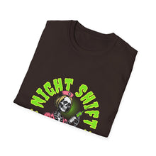Load image into Gallery viewer, Halloween Night Shift Skeleton T-Shirt, Unisex Graphic Tee, Spooky Shirt for Halloween, Gifts for Nurses, Night Owls
