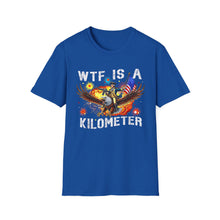 Load image into Gallery viewer, Witty Graphic Tee - "WTF is a Kilometer?" | Unisex Softstyle T-Shirt for Travel Lovers, Funnies, Humor Gifts, Casual Wear, Everyday Use
