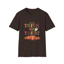 Load image into Gallery viewer, Halloween Trick or Treat Unisex Softstyle T-Shirt | Fun Halloween Tee, Spooky Shirt, Fall Apparel, Trick or Treat Shirt, Costume Party Top
