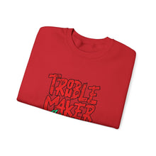 Load image into Gallery viewer, Troublemaker Crewneck Sweatshirt | Comfortable Casual Wear, Fun Gift, Holiday Sweatshirt, Unique Fashion, Day One Wear
