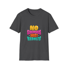 Load image into Gallery viewer, Motivational Unisex Softstyle T-Shirt - "No Excuses Just Results", Gym Shirt, Fitness Apparel, Casual Wear, Gift for Athletes
