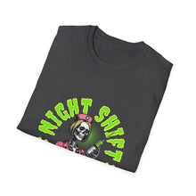 Load image into Gallery viewer, Halloween Night Shift Skeleton T-Shirt, Unisex Graphic Tee, Spooky Shirt for Halloween, Gifts for Nurses, Night Owls
