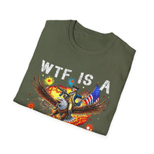Load image into Gallery viewer, Witty Graphic Tee - "WTF is a Kilometer?" | Unisex Softstyle T-Shirt for Travel Lovers, Funnies, Humor Gifts, Casual Wear, Everyday Use
