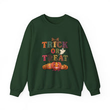 Load image into Gallery viewer, Halloween Trick or Treat Sweatshirt, Cozy Fall Crewneck, Unisex Casual Wear, Perfect for Halloween Parties, Pumpkin Lovers Gift
