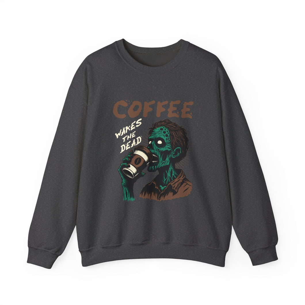 Zombies & Coffee Crewneck Sweatshirt, Unique Gift for Coffee Lovers, Fun Graphic Sweatshirt, Halloween Apparel, Cozy Unisex Top