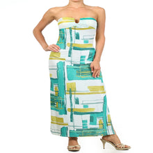 Load image into Gallery viewer, Geometric Print Teal Strapless Maxi Dress With A Sweetheart Neck Line S, M, L,
