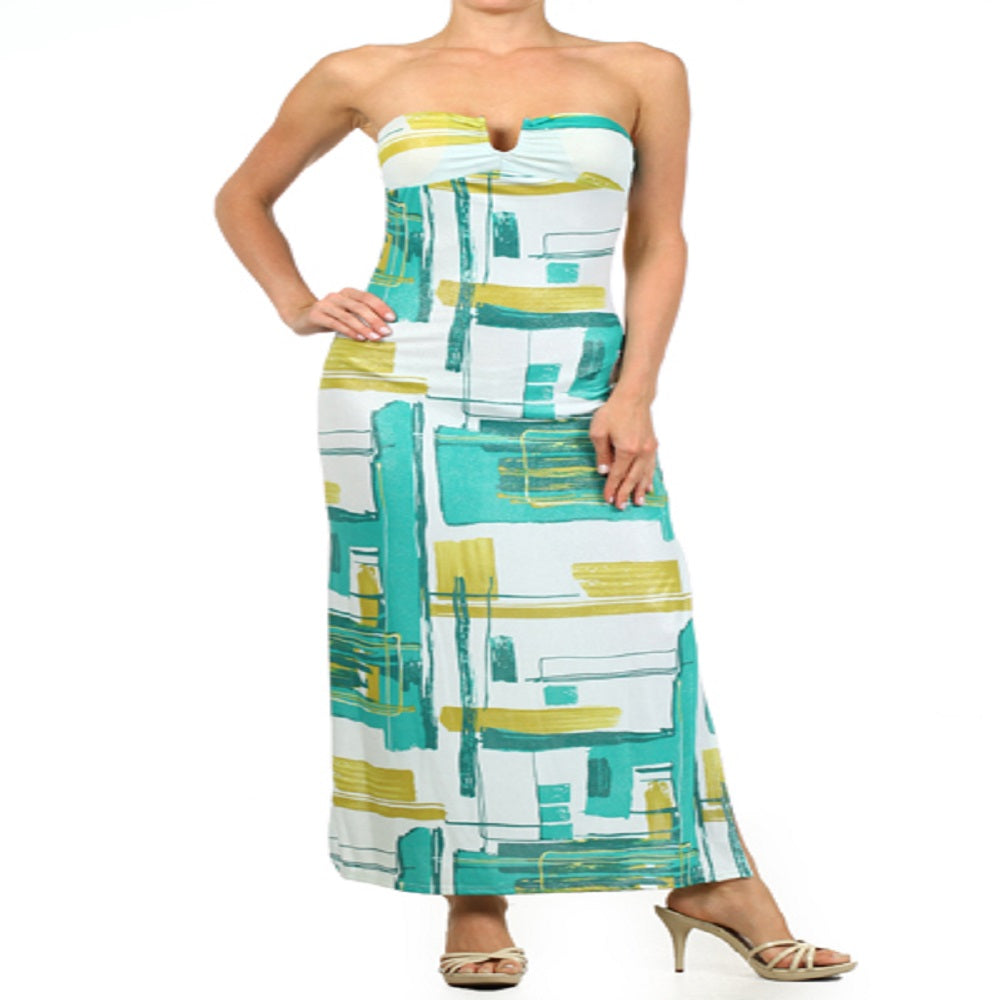 Geometric Print Teal Strapless Maxi Dress With A Sweetheart Neck Line S, M, L,