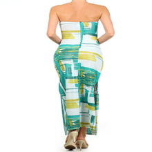Load image into Gallery viewer, Geometric Print Teal Strapless Maxi Dress With A Sweetheart Neck Line S, M, L,
