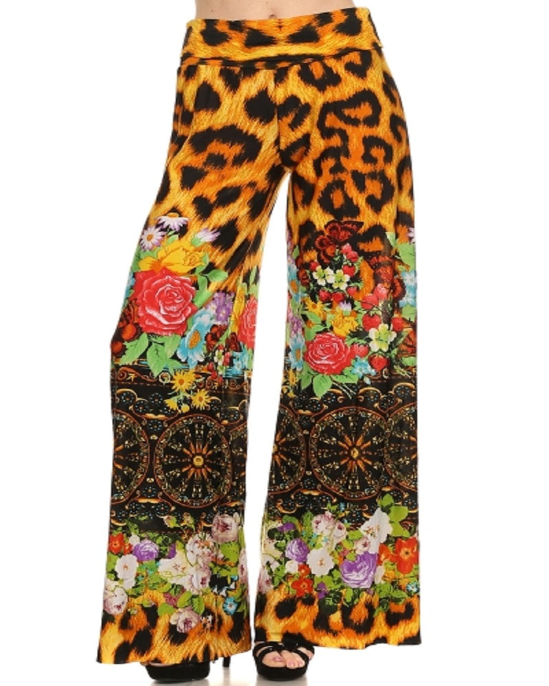 Womens Leopard Animal Print High Waisted Abstract Wide Leg Bolero Flare Pants S M L