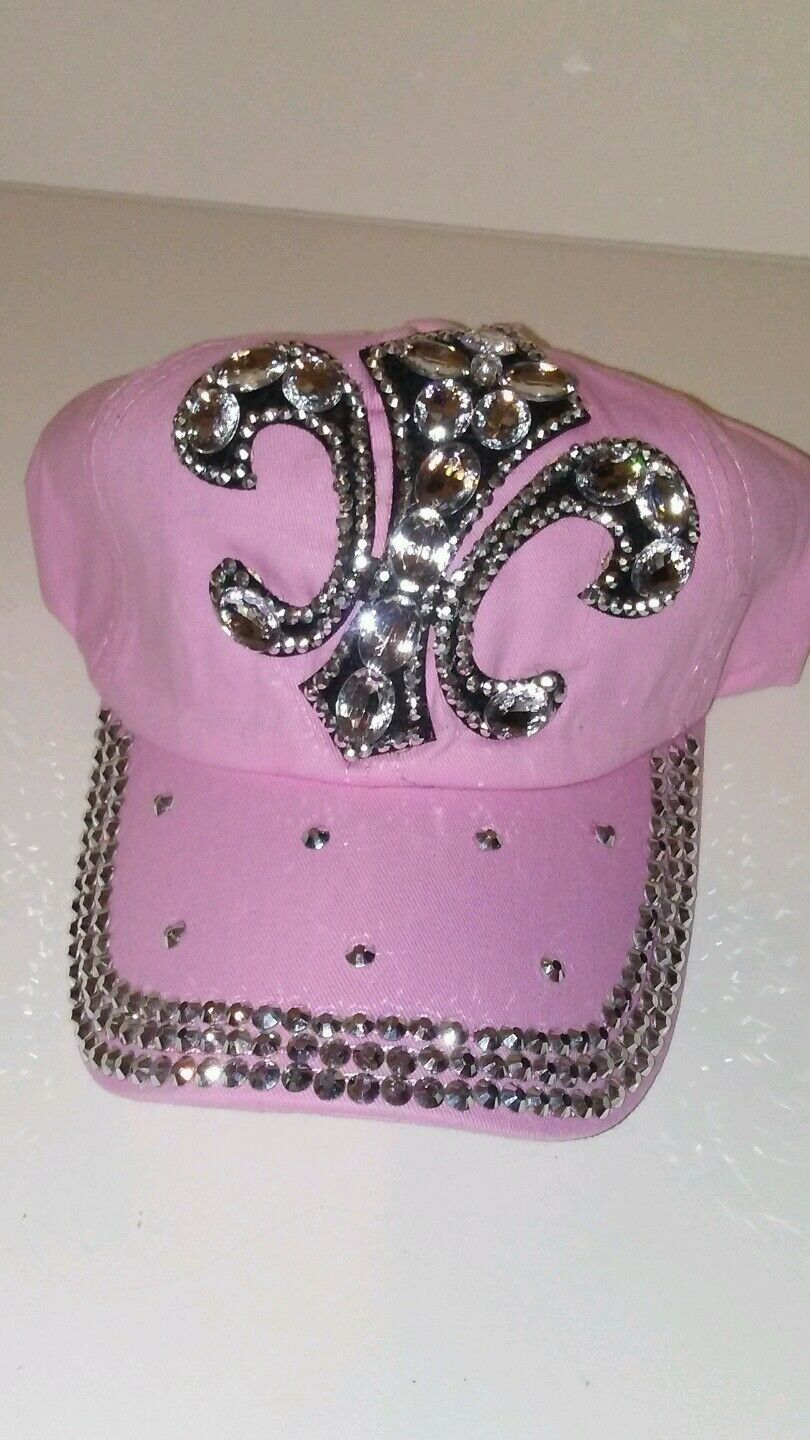 Womens Fluer-De-Lis Pink Jeweled Baseball Cap Hat
