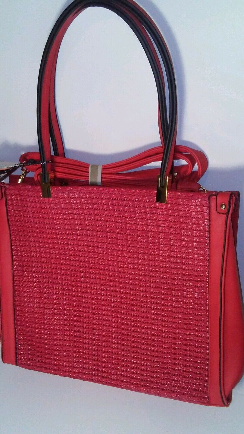 Diophy 2176 Cherry Red Shoulder Handbag Purse with Basket Weave Detail