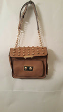 Load image into Gallery viewer, Womens Sand Stone Colored Shoulder Purse with Brass Colored Studs with a Chain S
