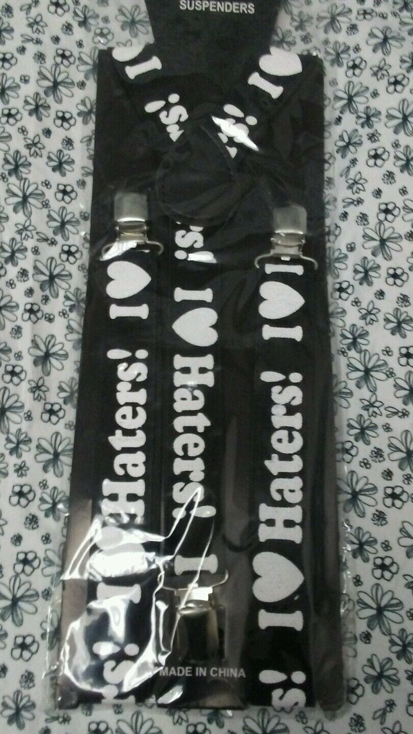 New Women Mens Clip On Y-Shaped Black And White I Love Haters Suspenders