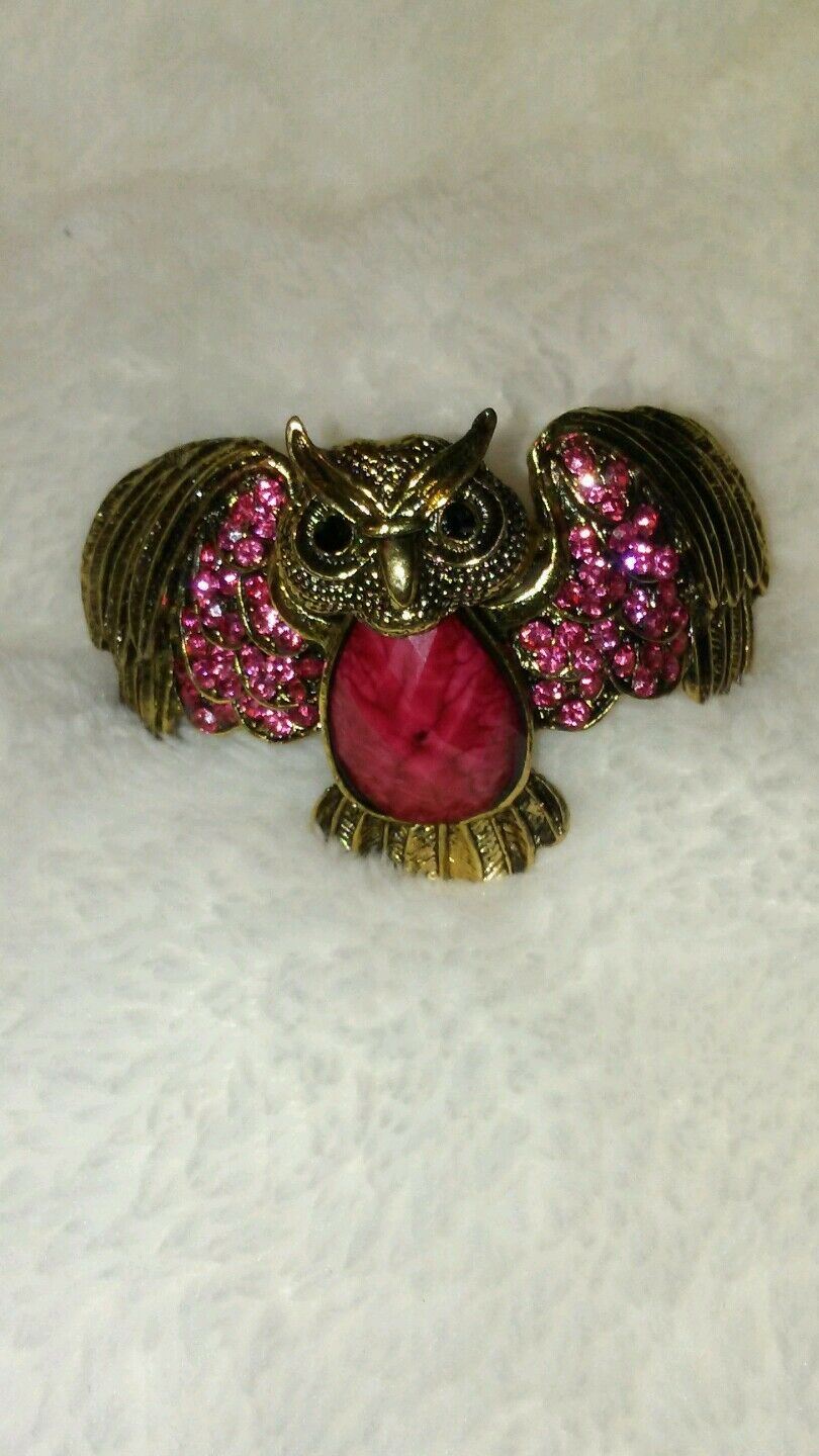 Womens Dark Pink  Owl Cuff Bracelet with Pink Rhinestones