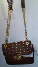 Load image into Gallery viewer, Womens Brown Shoulder Purse with Brass Colored Studs with a Chain S
