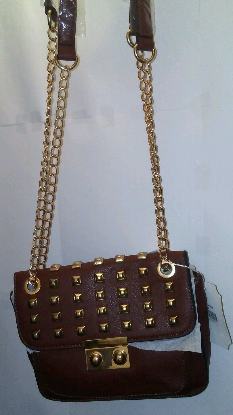 Womens Brown Shoulder Purse with Brass Colored Studs with a Chain S