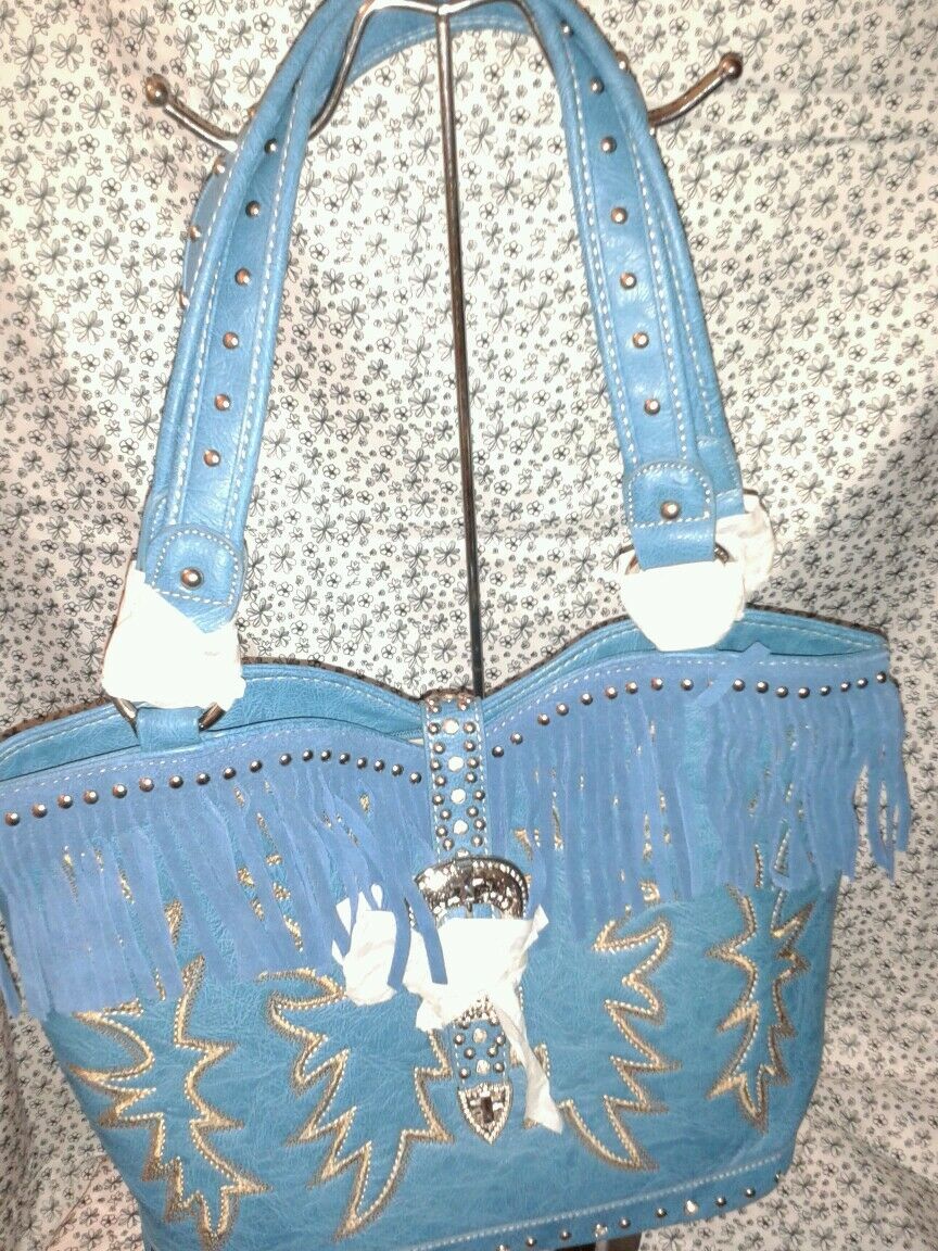 Montana West Cowgirl Turquoise Purse with a Rhinestone Cross on the Buckle